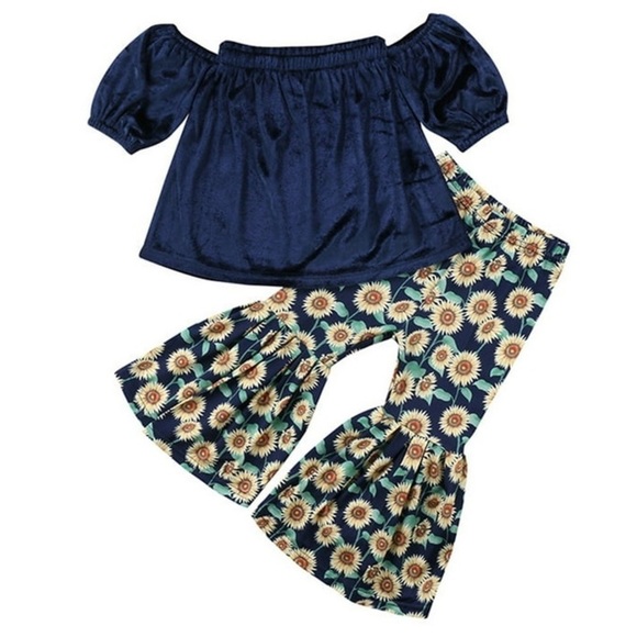 Girls Off Shoulder Crushed Velvet Crop Top and Sunflower Pants - Picture 2 of 9